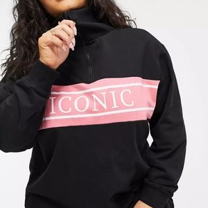 Threadbare Iconic slogan half zip sweater dress in black